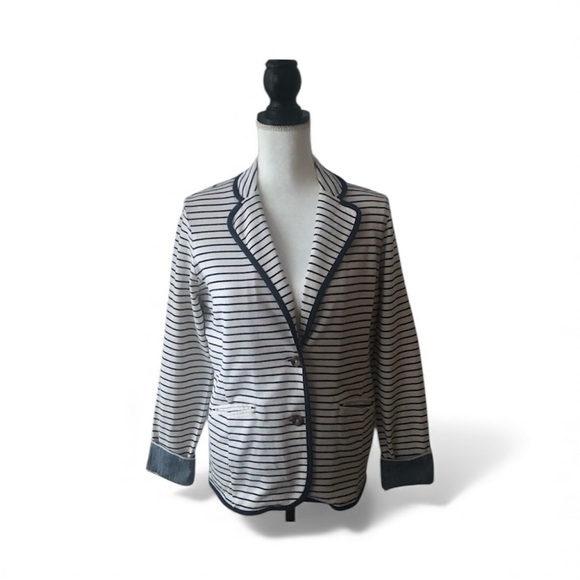 L.L. Bean women’s cotton knit blazer in preppy navy and cream stripes Size S - Picture 3 of 3